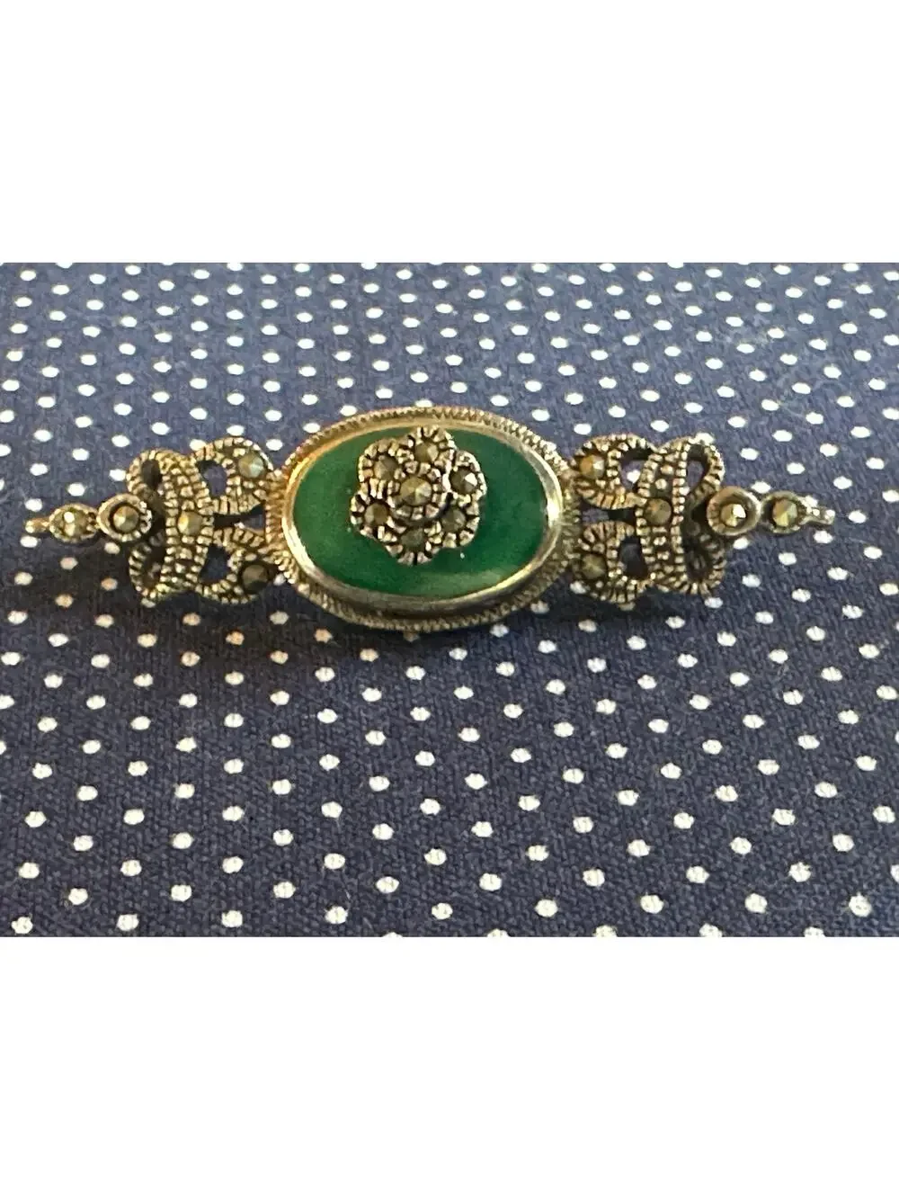 Art Deco Vintage Silver-Tone Pin Green Stone Accented with Marcasite Stones